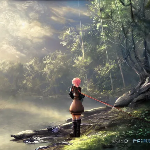 Image similar to y'shtola, final fantasy xiv, fishing in the forest, concept art, highly detailed, catgirl