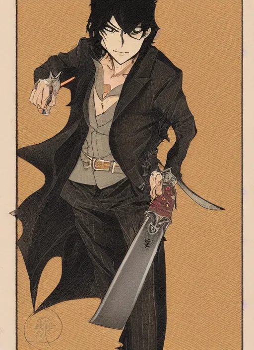 Prompt: character portrait by tatsuki fujimoto of a handsome male vampire wielding a chainsword, long black hair, light brown coat