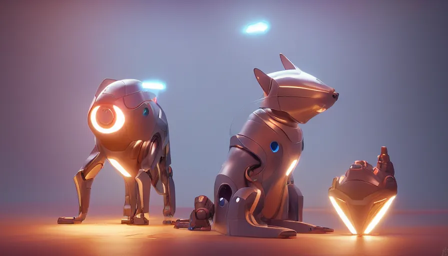 Prompt: product photo of a futuristic cut stylized pet robot by artgerm and greg rutkowski and alphonse mucha, zaha hadid, cat dog teddy mix, volumetric light, detailed, octane render, midsommar