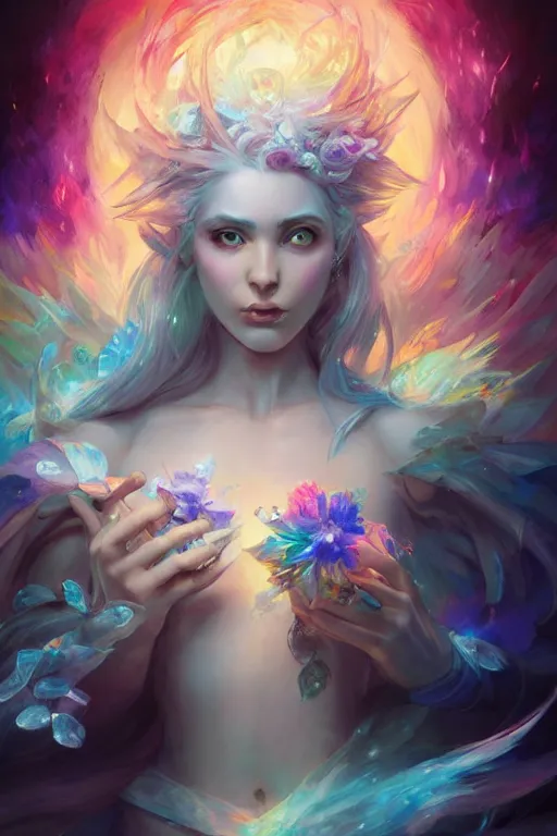 Image similar to face closeup beautiful girl wizard covered with rainbow and ice, holding flowers and casting magic spell, angel, storm and thunder clouds, fantasy, magic the gathering, hyper detailed, 3 d render, hyper realistic detailed portrait, peter mohrbacher