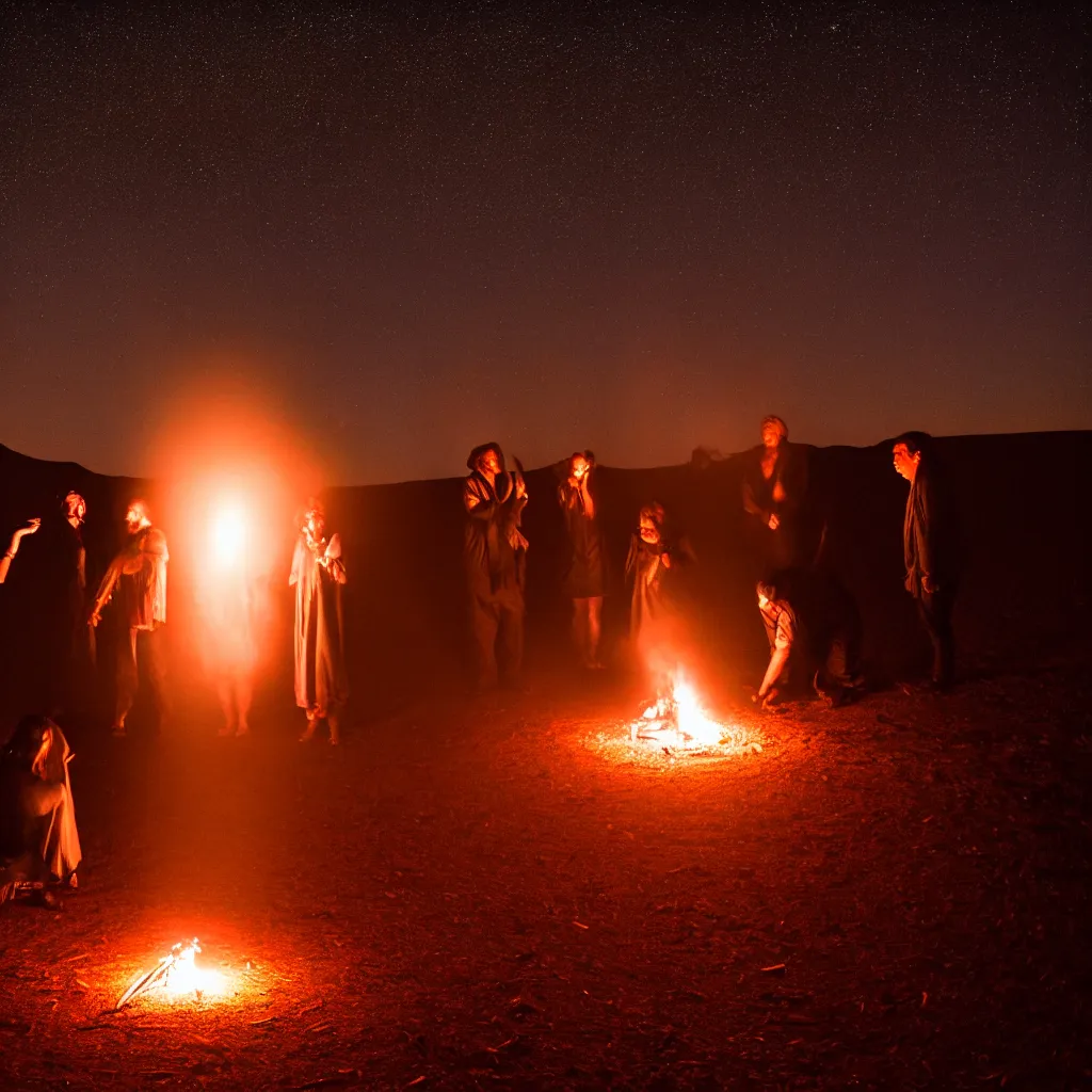 Image similar to atmospheric long exposure night photograph of three ravers, two men, one woman, woman is in a trenchcoat, blessing the soil at night, people facing fire circle, two aboriginal elders, dancefloor kismet, diverse costumes, clean composition, starlight bokeh, desert transition area, bonfire, atmospheric night, australian desert, symmetry, sony a 7 r