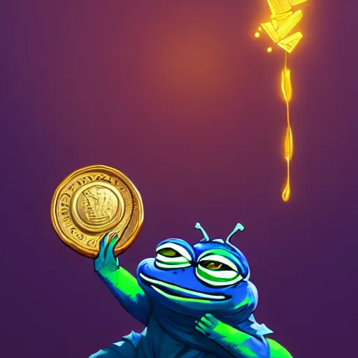 Image similar to super rich happy pepe, luxury, treasury, coins, money, hyper detalied, blue crystals, greg rutkowski, artstation