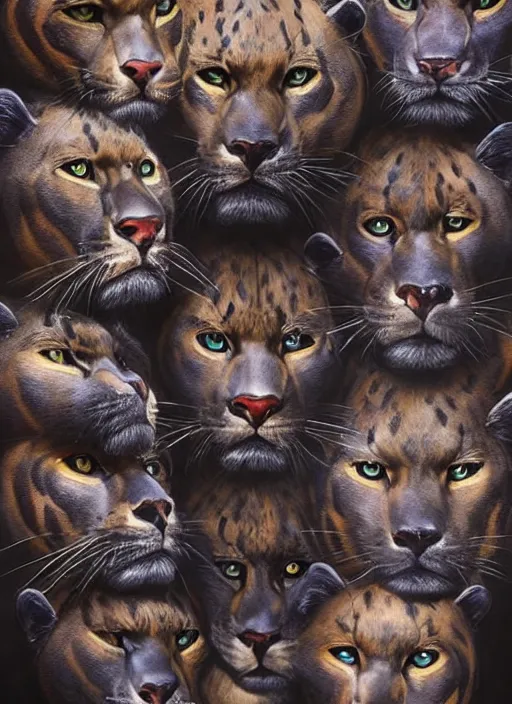 Image similar to photo of a gorgeous Beautiful face Portrait of twenty panthers in the wild attacking the air. Thunders, magic, power. face painting, powerful magic panthers in the style of stefan kostic, wild, realistic, sharp focus, 8k high definition, insanely detailed, intricate, elegant, art by stanley lau and artgerm