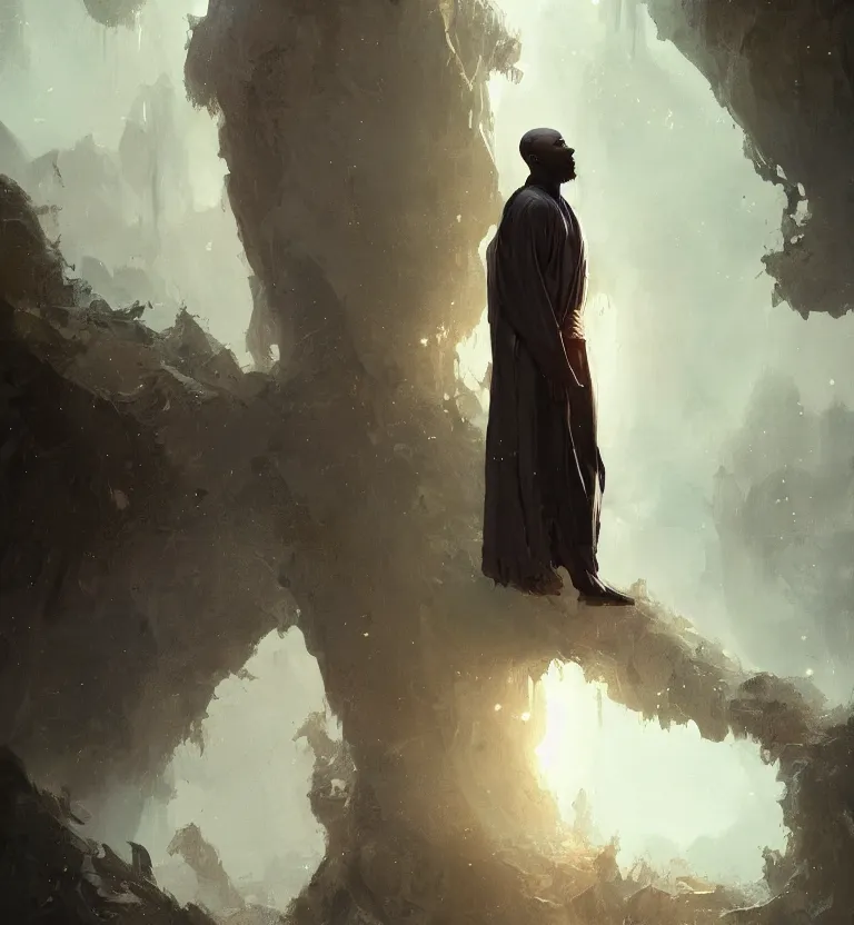 Image similar to painting of a bald tall dark - skinned man wearing a flowing robe overlooking the earth, nature, eyes closed, greg rutkowski, ruan jia, trending on artstation, detailed digital art