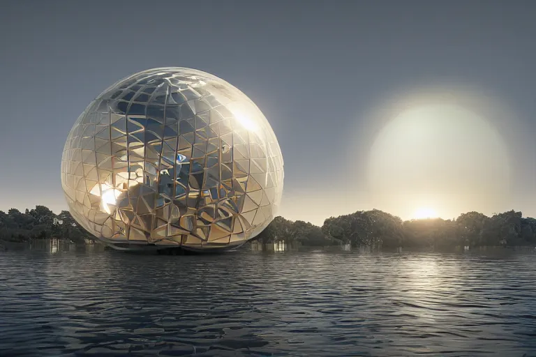 Image similar to a building formed by the intersection and fusion of many multi - white spherical and egg - shaped spaces. on the calm lake, people's perspective award winning, highly detailed 4 k art, dusk, unreal engine highly rendered, global illumination, radial light, internal environment by kazuyo sejima