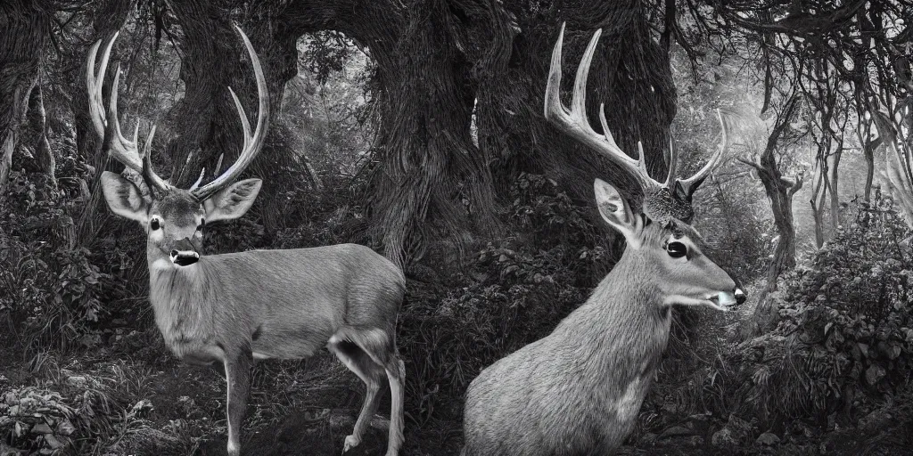 Image similar to portrait of deer getting overgrown by roots, edelweiss growing on his head, forest, dolomites, alpine, detailed intricate insanely detailed octane render, 8k artistic 1920s photography, photorealistic, black and white, chiaroscuro, hd, by David Cronenberg, Raphael, Caravaggio