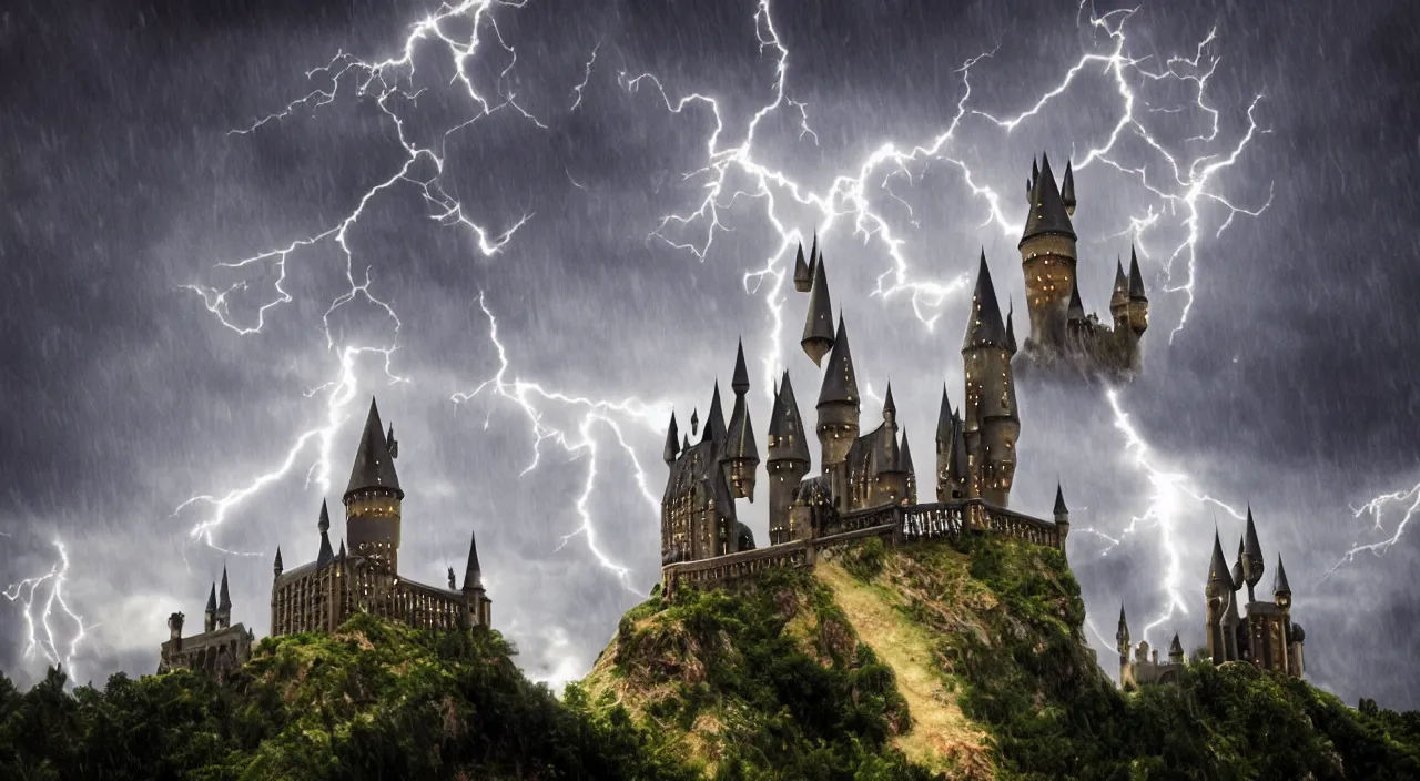 Image similar to pc background, 4 k, hogwarts castle and lightning strikes in bad weather