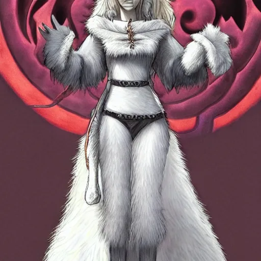 Image similar to a beautiful dressed furry girl, artstation hq, stylized, award winning, colour page from berserk series, created by kentaro miura