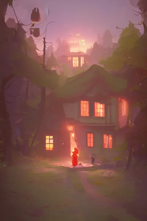 Prompt: a moment of pure bliss in front of the small house in the forest, cory loftis, james gilleard, atey ghailan, goro fujita, character art, exquisite lighting, clear focus, very coherent, plain background, dramatic painting