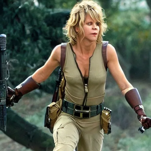 Image similar to Meg Ryan is a soldier fighting in the battlefield dressed as a power ranger