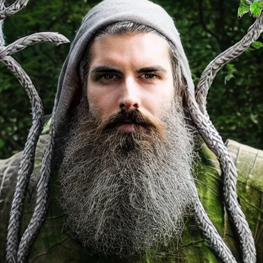 Image similar to bearded male druid gray face pointy ears with vines as hair wizards of the coast