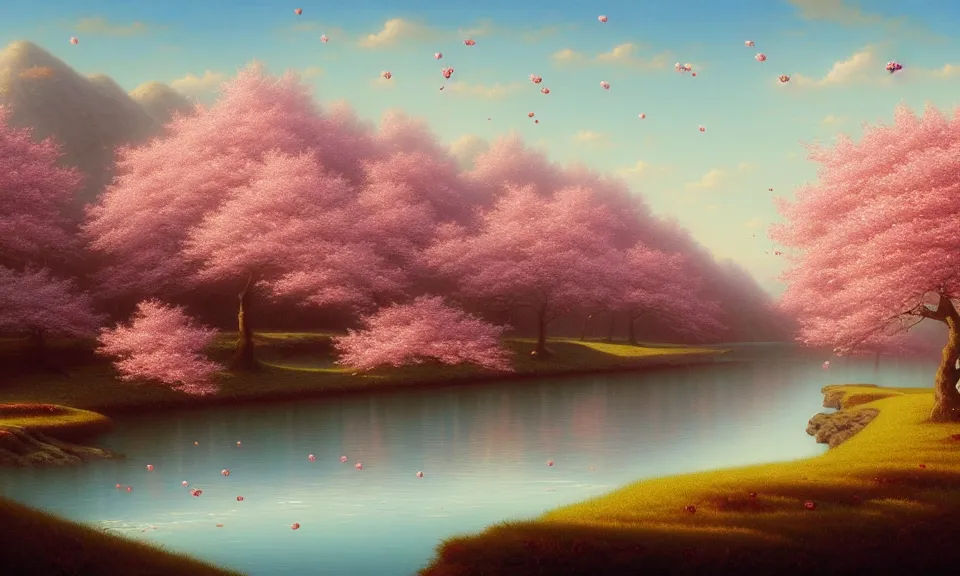 Image similar to a beautiful landscape matte painting of cherry trees with petals flying in the sky, beside a river, by christophe vacher