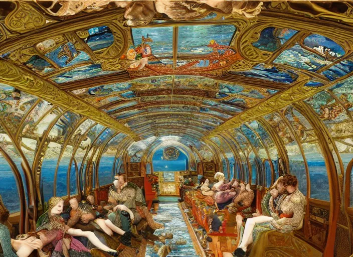 Image similar to incredibly beautiful breaktakingly detailed painting of the inside of the ornate underwater train to atlantis, various amazingly wonderful bizarre cool weird characters sat down, by ford maddox brown and william powell frith and frederic leighton, ultra wide angle, 4 k