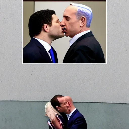 Image similar to benjamin netanyahu kissing naftali bennet, realistic, detailed