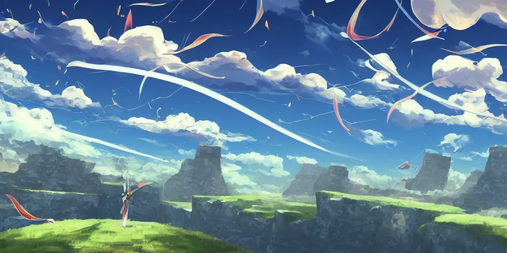 Prompt: background art of flying longswords flowing and floating through the slicing through directional wind on a simple cloudy sky background featuring a canyon bridge, big puffy clouds, large individual rose petals, lotus petals, angular background elements, large polygonal fragments, anime, studio ghibli, artgerm, manga, trending on artstation, art nouveau, mature color scheme