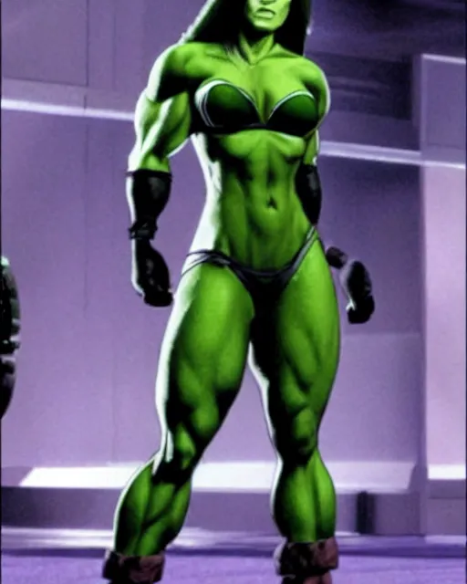 Image similar to jessica biel as she - hulk. green skinned, muscular, wheyfu. movie still
