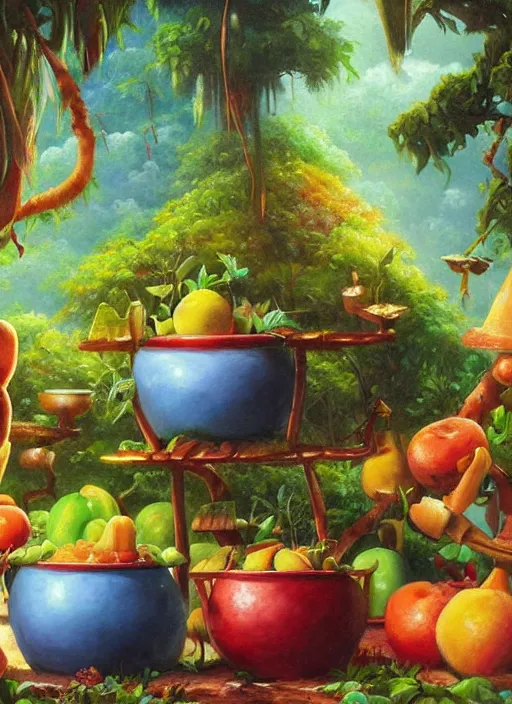 Image similar to a beautiful painting of pots filled with fruits and food in the jungle, close up, abundance, art by christophe vacher