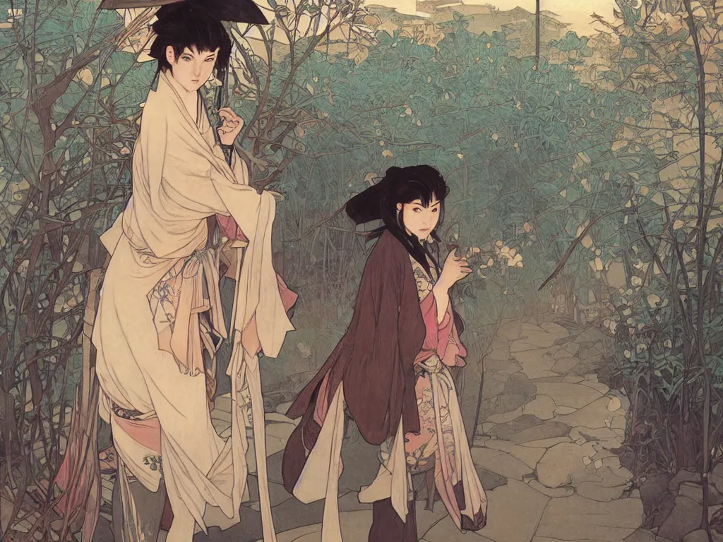 Image similar to a wandering ronin in a japanese village, dusk, by fiona staples, range murata, alphonse mucha