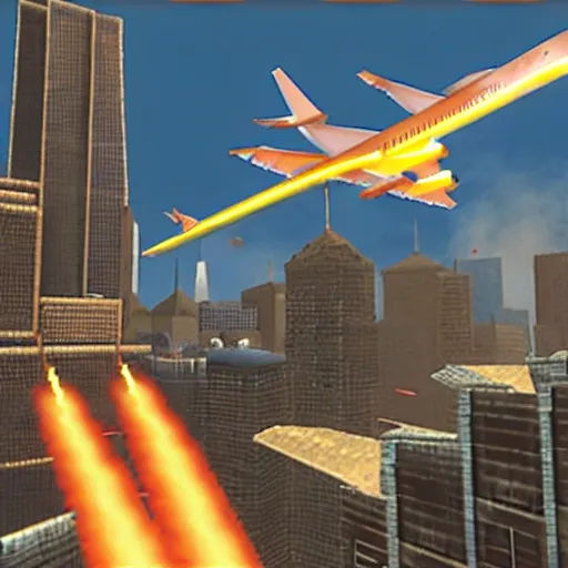 Image similar to a screenshot from the video game super 9 / 1 1, in which players control planes and intend to hit as many towers as possible