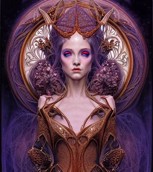 Image similar to symmetrical portrait, a beautiful female sorceress in dress, pretty, detailed and intricate, perfect body shape, perfect face, hypermaximalist, elegant, ornate, luxury, elite, matte painting, cinematic lighting, james jean, brian froud, wayne barlowe