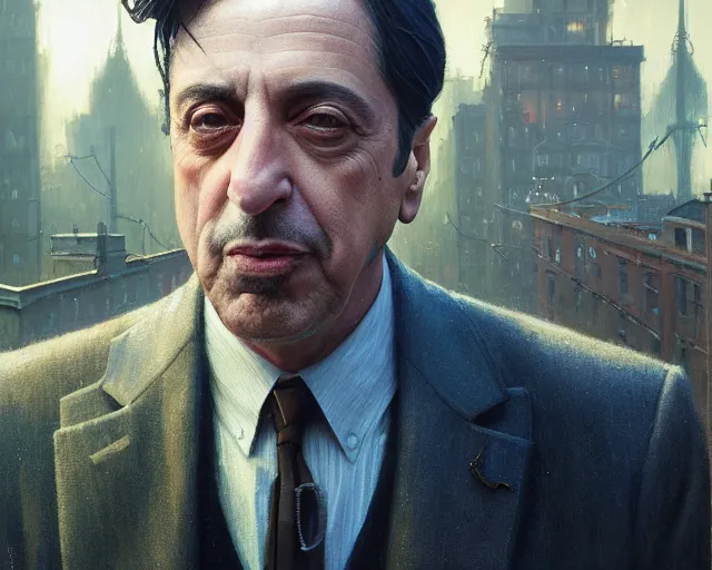 Image similar to highly detailed portrait of al pacino, in boardwalk empire, stephen bliss, unreal engine, fantasy art by greg rutkowski, loish, rhads, ferdinand knab, makoto shinkai and lois van baarle, ilya kuvshinov, rossdraws, tom bagshaw, global illumination, radiant light, detailed and intricate environment