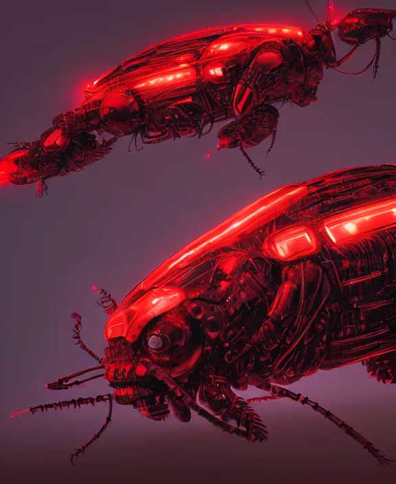 Image similar to a cybernetic beetle with red neon lights, by hr giger and beksinski and stephan martiniere, 4 k resolution, detailed, trending on artstation