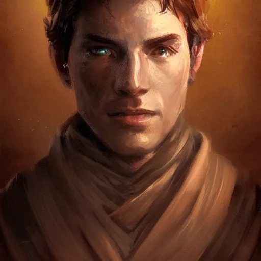 Image similar to portrait of a man by greg rutkowski, jedi knight owen skywalker, messy copper hair, jedi robes, star wars expanded universe, he is about 2 0 years old, wearing jedi robes, highly detailed portrait, digital painting, artstation, concept art, smooth, sharp foccus ilustration, artstation hq