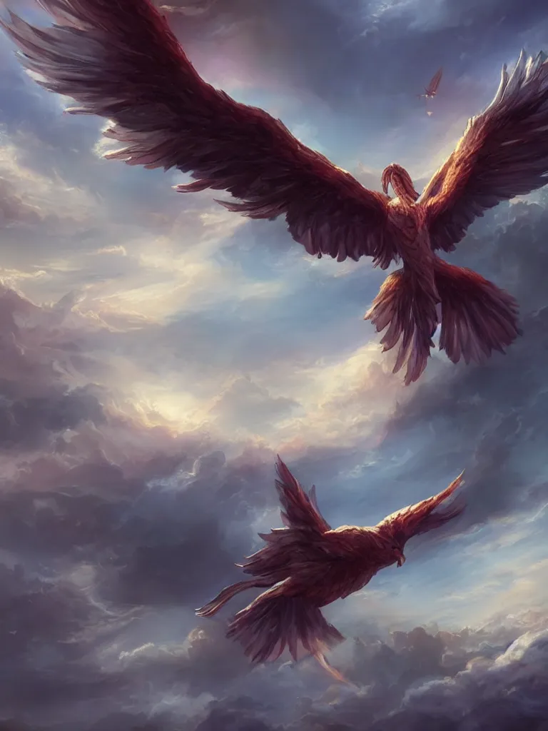 Prompt: A phoenix soaring in the clouds, fantasy matte painting，cg concept design， rich colors, high details，light effect，trending on cgsociety and artstation，8kHDR，