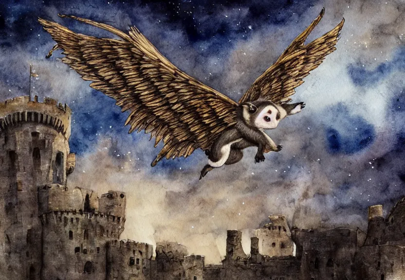 Prompt: the legendary glorious winged possum is flying over a medieval castle under the dark starred sky, dark fantasy, watercolor, dreaming illusion, highly detailed, 4k, trending on Artstation, award-winning