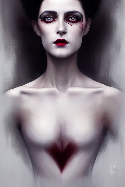 Image similar to a photorealistically painted portrait of lady vampire, dressed in a suit, perfectly symmetric face!!!, beautiful eyes!!, digital painting, concept art, minimal artifacts, volumetric lighting, Artgerm and William-Adolphe Bouguerea, in the style of Tom Bagshaw, trending on Artstation, award winning art