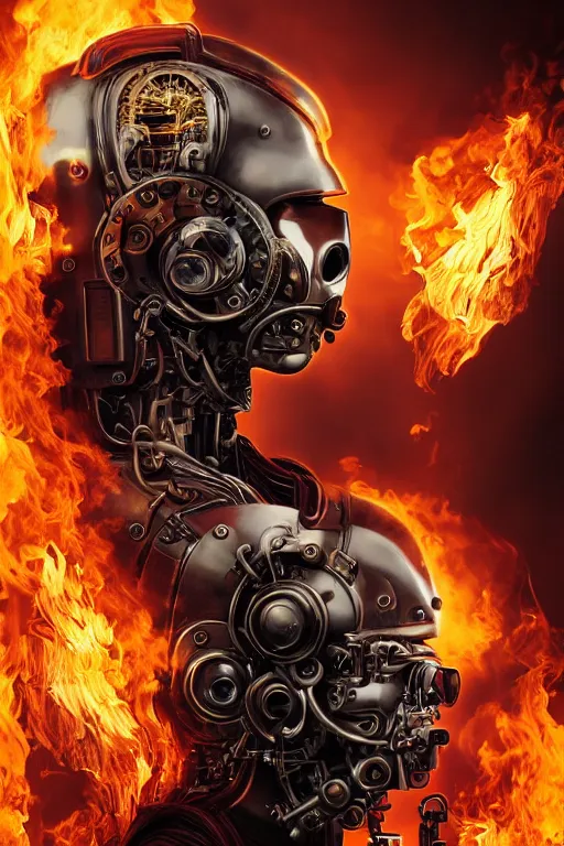 Image similar to a beautiful ultra detailed fine art portrait of a futuristic mechanical cybernetic fireman cyborg against backdrop of flames fire, by tom bagshaw and anna dittman, firefighter outfit uniform, flying amber, studio lighting, firefighter, golden ratio composition, 3 5 mm lens, cybernetic scifi, deep depth of field, artstation, 8 k