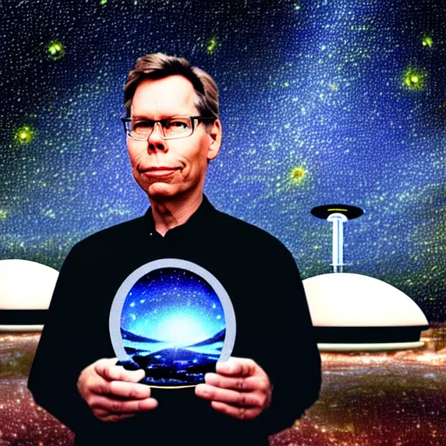 Image similar to a photo of bob lazar standing in area 5 1, alien spaceship and flying saucers inside hangar with open doors in background, starry night sky, cinematic lighting, detailed symmetrical face, photorealistic, highly detailed