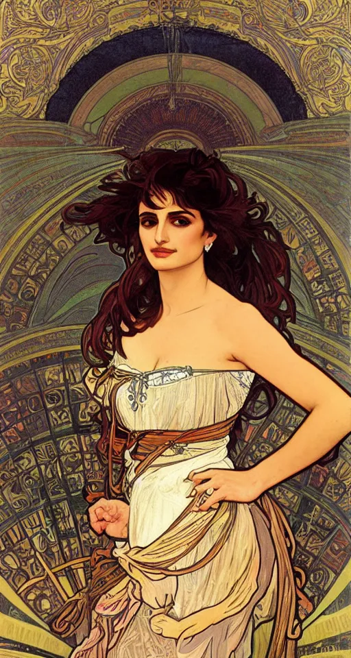 Image similar to portrait of penelope cruz, artwork by alphonse mucha