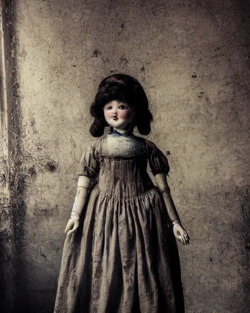 Prompt: closeup portrait of a creepy antique porcelain doll wearing a dirty dress with long wet black hair standing in a dimly lit filthy room in an abandoned old asylum at night, 8k octane render, cinematic, dramatic lighting, volumetric lighting, vintage photo, (1890)