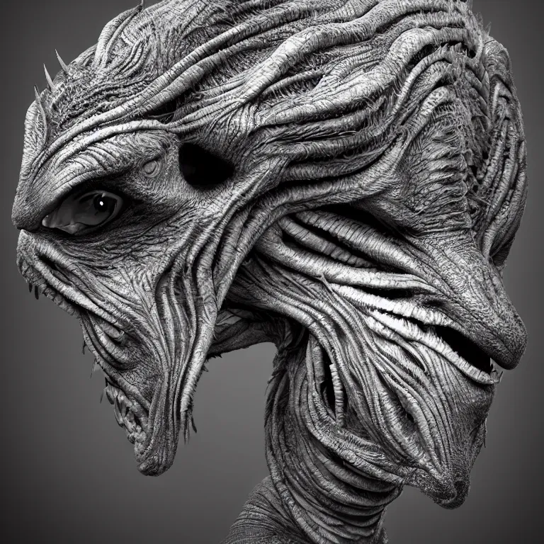 Prompt: surreal spinal ribbed tribal exotic organic face portrait of a beautiful alien animal creature monster, beautiful detailed intricate insanely detailed BW 3D render digital art, octane render, 8K artistic photography, photorealistic