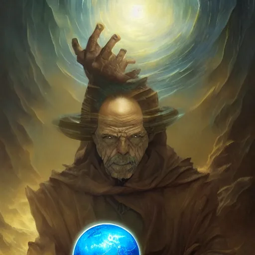 Image similar to the creator of worlds wearing a cloak and holding a holographic planet projection in his hand, detailed, sci - fi, digital painting, artstation, sharp focus, illustration, ominous, artgerm, tomasz alen kopera, peter mohrbacher, donato giancola, joseph christian leyendecker, wlop, frank frazetta