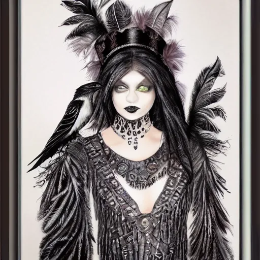 Image similar to Raven queen in a large raven-themed dress with feathers, high quality, portrait