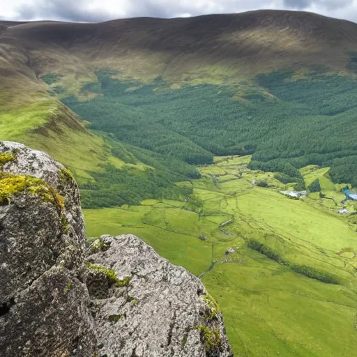 Image similar to view from the top of a scottish mountain towards a lush valley