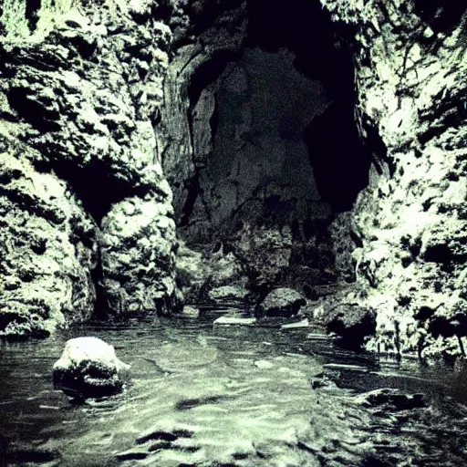 Image similar to a flooding cave, creepy, eerie, unsettling, terrifying, jagged rocks, dark, grainy, noisy, slightly blurry, polaroid, deep!!!!!, dark!!!