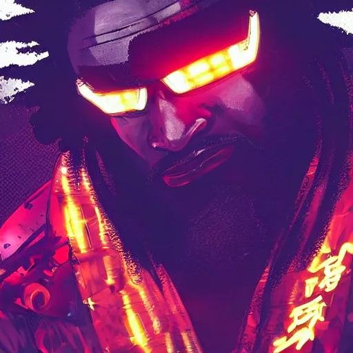 Prompt: afro samurai with cybernetic eyes and gold teeth in the cyberpunk ghetto, neon graffiti, apex legends character digital illustration portrait design, by noah bradley and android jones in a cyberpunk style, synthwave color scheme, dramatic lighting, hero pose, wide angle dynamic portrait