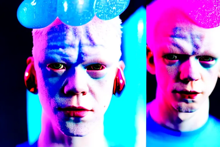 Image similar to a close - up risograph of cyberpunk albinism model men wearing lots of transparent and cellophane accessories, huge earrings and queer make up, blue hour, twilight, cool, portrait, crispy, full - shot, blue sky, kodachrome, photo by mayumi hosokura, style by moebius