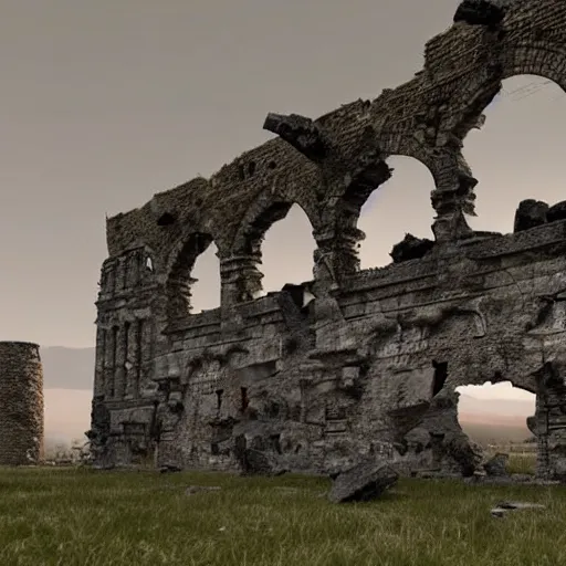 Image similar to the ancient ruined stone architecture of an ancient castle, large rounded stone buildings surrounded by columns, some with roofs that have fallen in, others are leaning to one side or another, debris strewn across the landscape, it seems as though something catastrophic happened here long ago, epic scale, cinematic, CG rendering