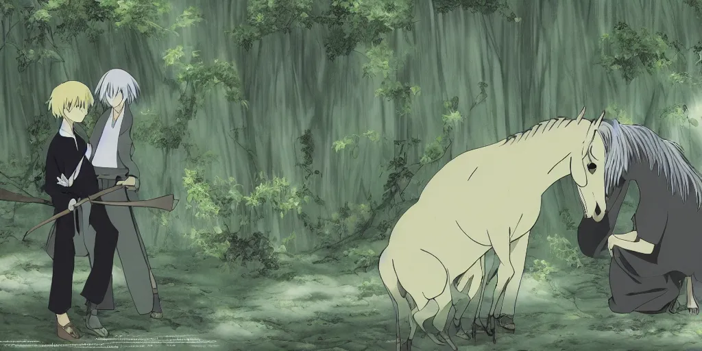 Image similar to ginko showing a new horse mushi, mushishi by mutsumi akasaki, studio ghibli, artgem, mutsumi akasaki, shinkai, makoto, wallpaper splash art promo art