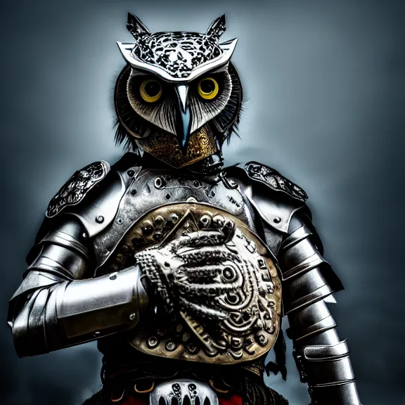 Image similar to photo of a warrior with metal owl theme armour, 4 k, hdr, smooth, sharp focus, high resolution, award - winning photo