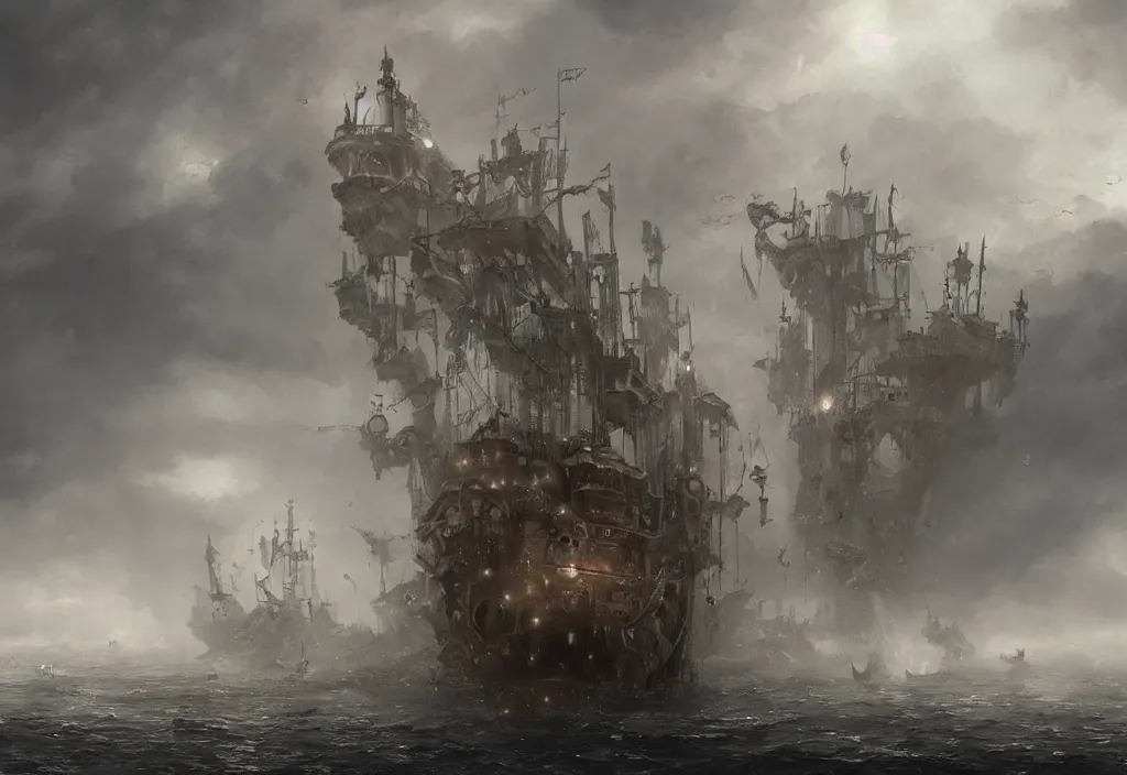 Prompt: a huge steampunk ship with a castle on top, stormy waters, rain, foggy, artstation, jakub rozalski, high detail