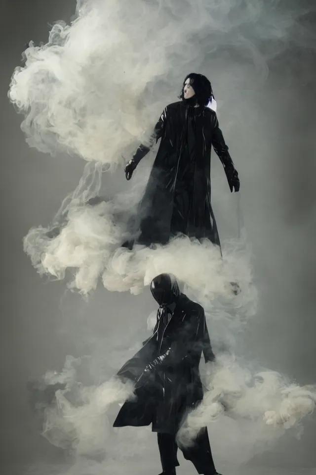 Image similar to a man with pale skin and long-black hair, latex suit and raincoat, floating in smoke, in the style of ruan jia