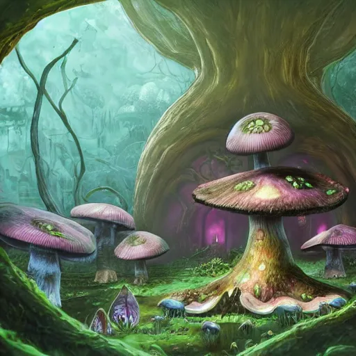 Image similar to concept art painting of a interior of a circular alien fairytale fantasy fungus house inside of a mushroom, with black vines, realistic, detailed, cel shaded, magenta and gray, dark, in the style of makoto shinkai and greg rutkowski and james gurney