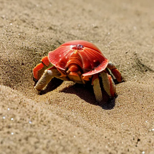 Prompt: An extreme close up of a large hermit crab in the sand, high DOF, National Geographic, F 1.8, Kodak Portra