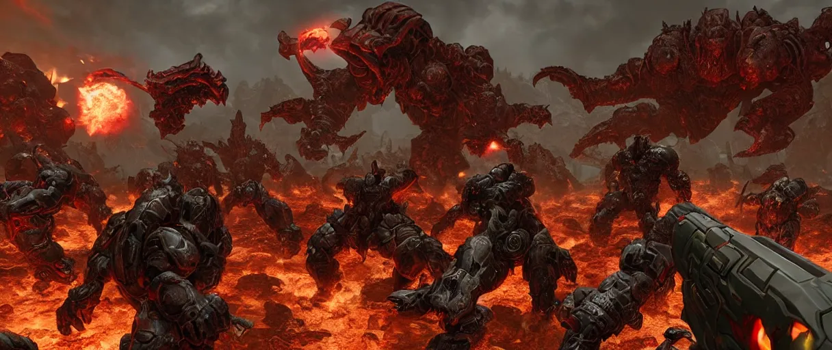 Prompt: doom slayer defeating hordes of demons and creatures on Urdak, wide shot, high detail, photorealistic, “doom eternal”, unreal engine