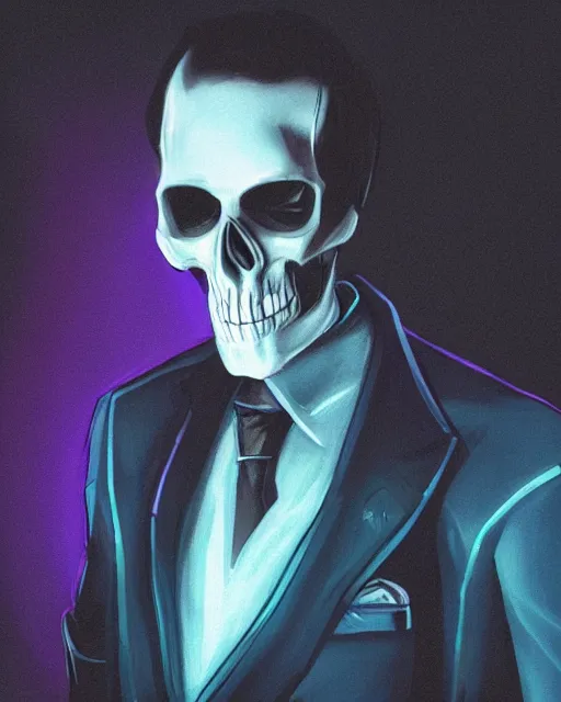 Image similar to dramatic cyberpunk portrait of a skeleton in a suit, color glow, intense shading